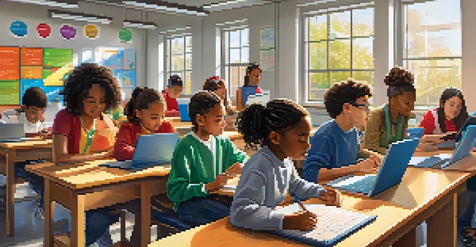 A diverse group of students using tablets in a bright classroom, engaged in personalized learning.