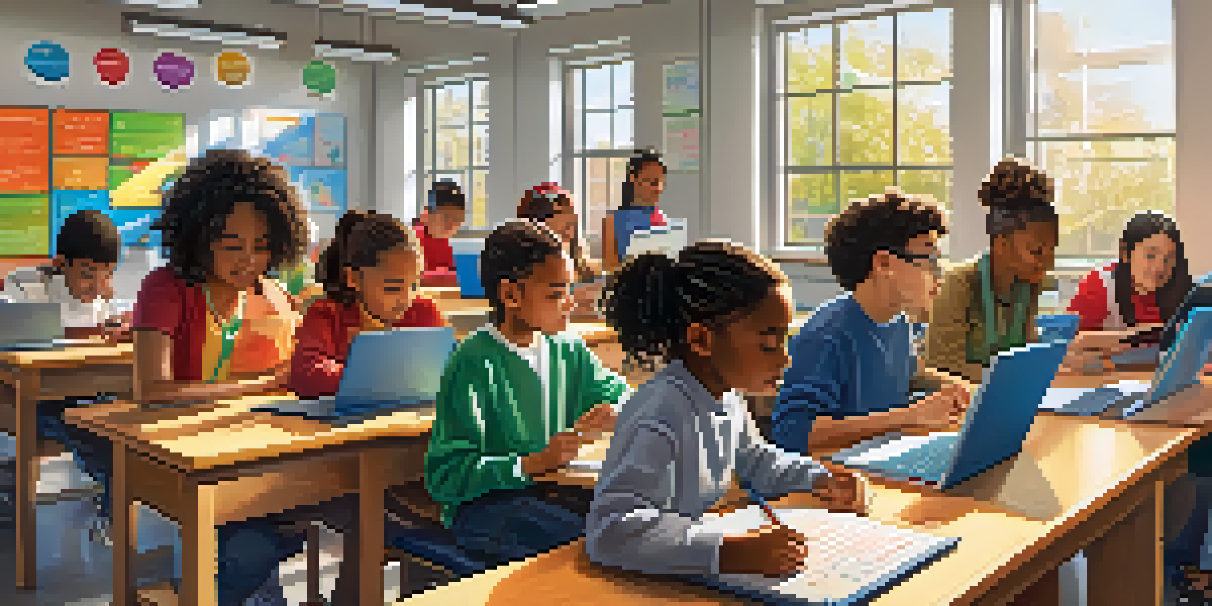 A diverse group of students using tablets in a bright classroom, engaged in personalized learning.