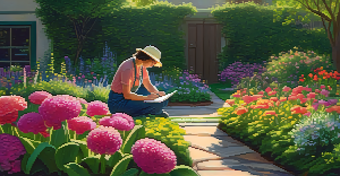 A gardener kneeling in a colorful flower bed, with a notebook and tools, learning about planting techniques under sunlight.