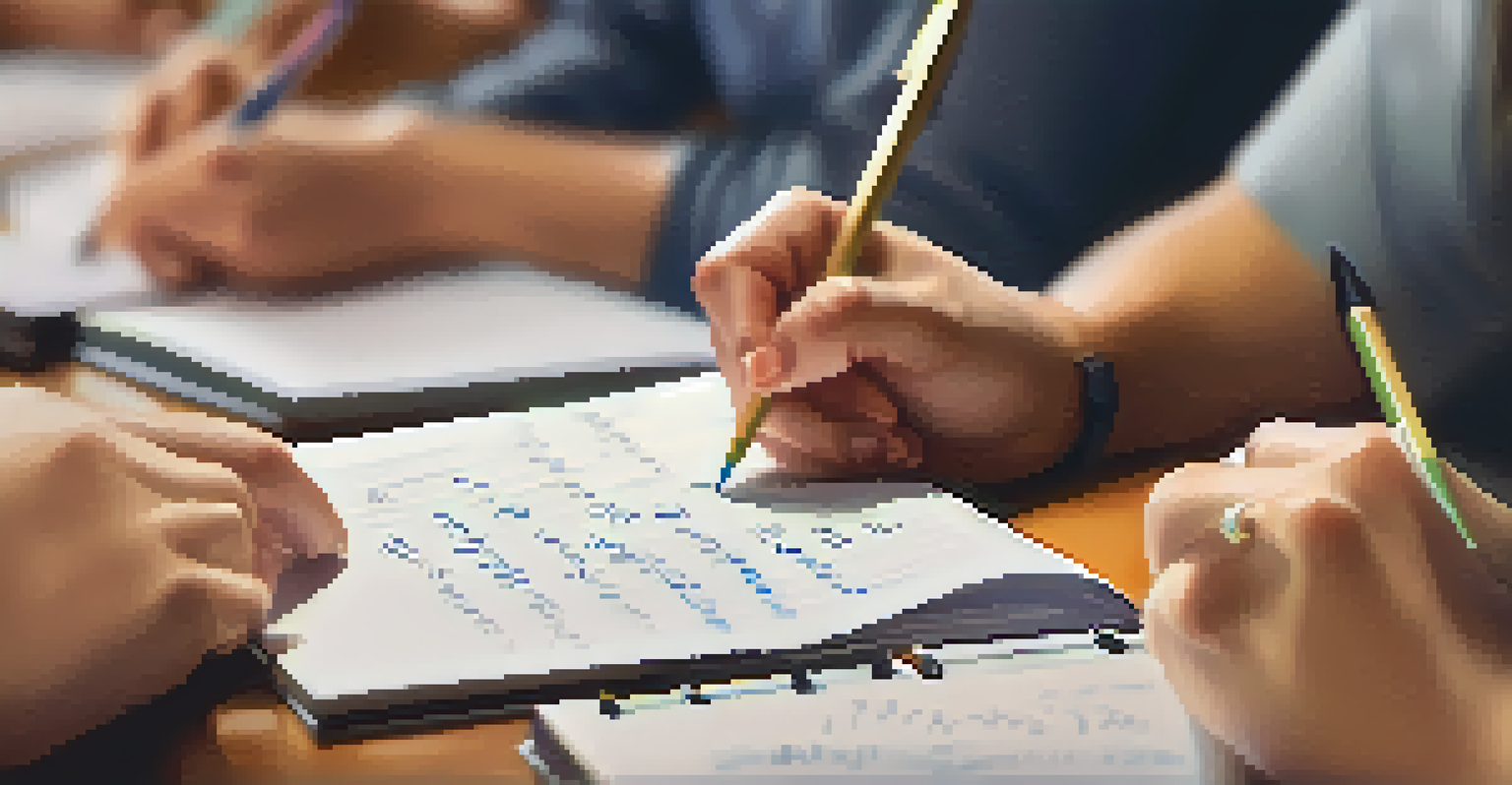 A close-up of a hand writing actionable steps on a notepad, with educators discussing in the background, highlighting collaboration and productivity.
