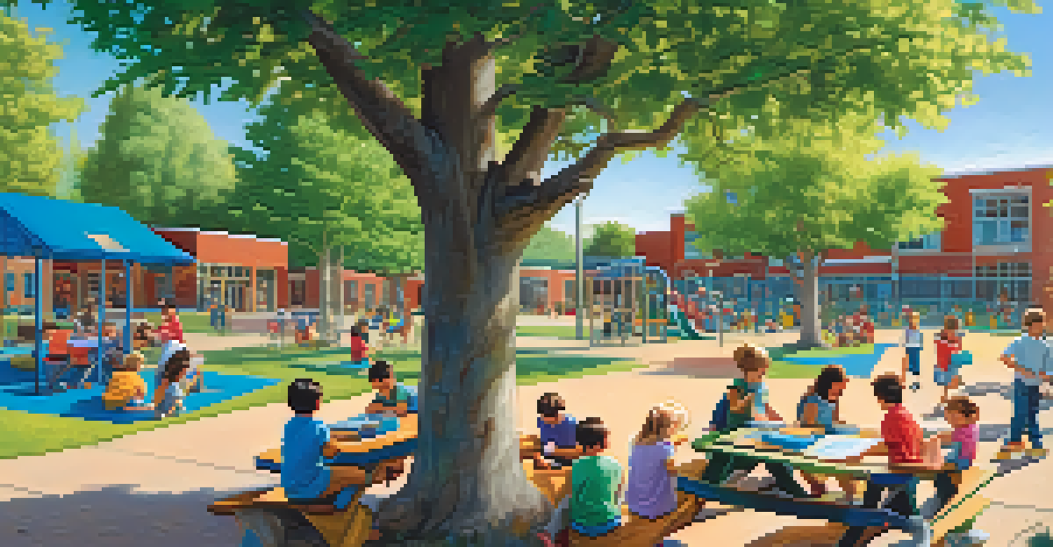Children playing and learning in a sunny outdoor playground surrounded by trees, showing a lively and joyful educational experience.