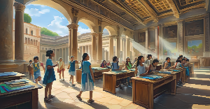 Students in a colorful classroom wearing virtual reality headsets, exploring an ancient Roman city with engaging expressions.