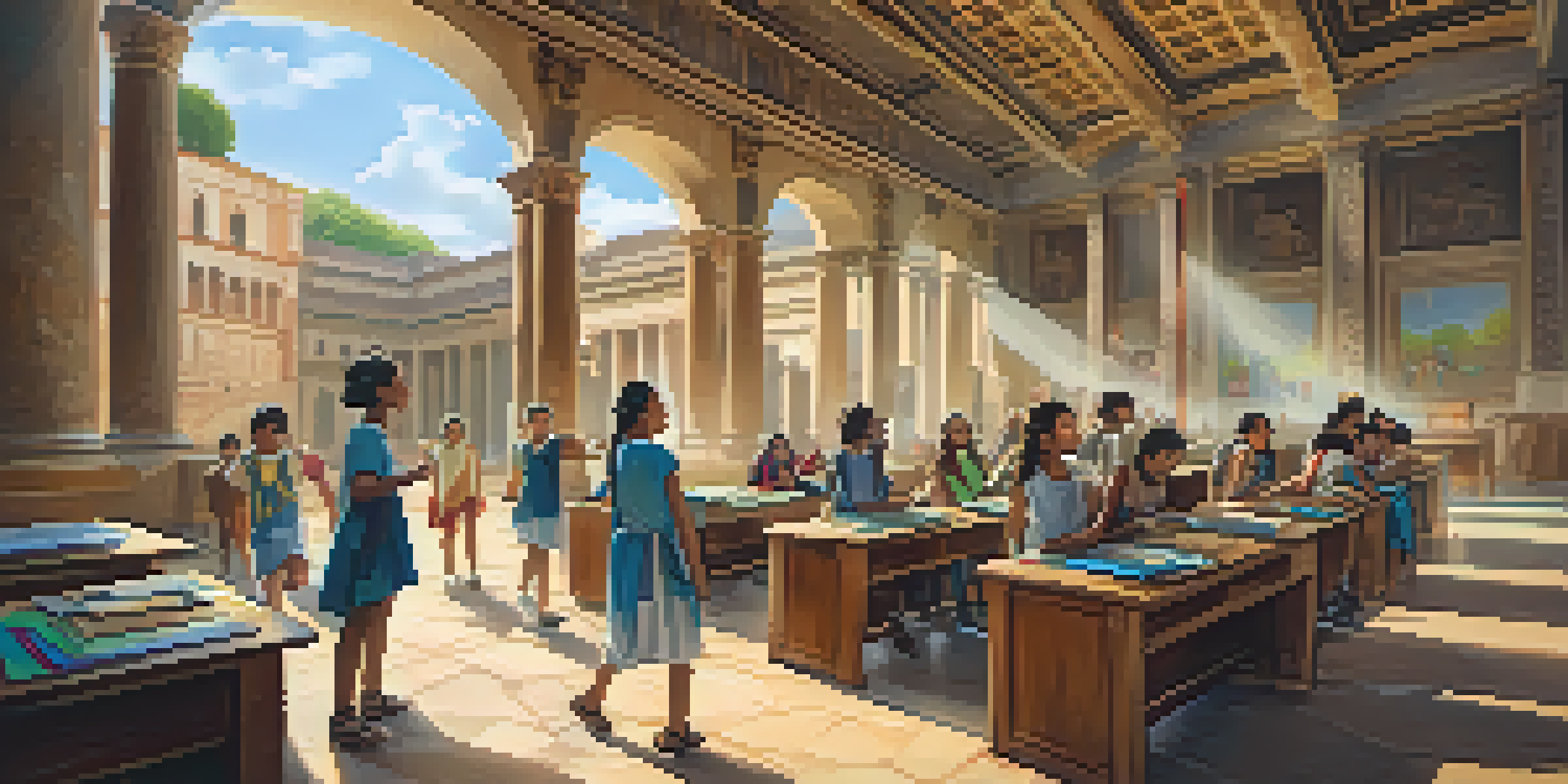 Students in a colorful classroom wearing virtual reality headsets, exploring an ancient Roman city with engaging expressions.