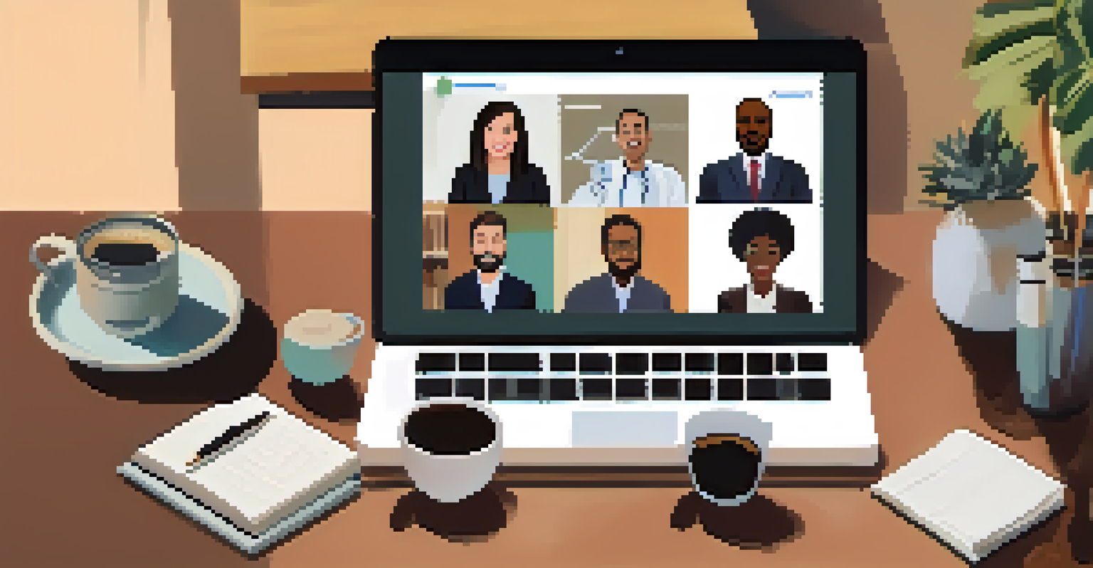 Diverse professionals in a virtual meeting, with coffee cups and notebooks on the table.