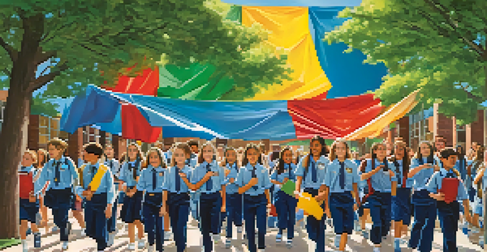 Students and staff participating in an emergency drill at school, showing determination and focus.