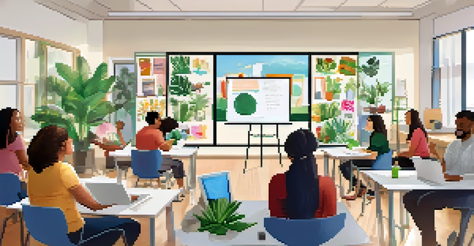 A diverse group of educators participating in a professional development workshop in a bright classroom, sharing ideas and resources.