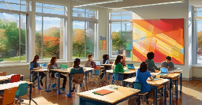 A classroom where students are participating in blended learning, using laptops and engaging in discussion with a teacher present.