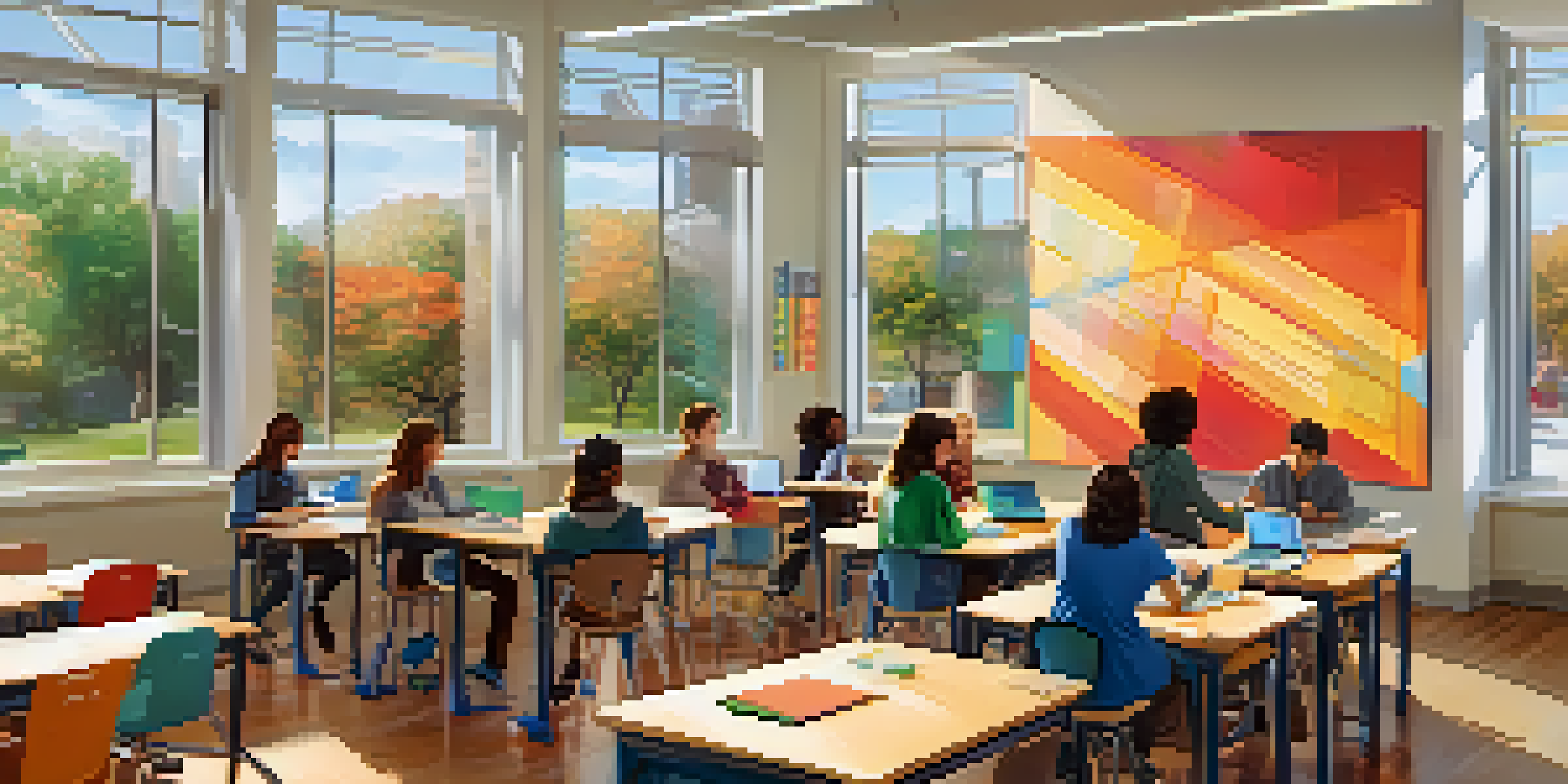 A classroom where students are participating in blended learning, using laptops and engaging in discussion with a teacher present.