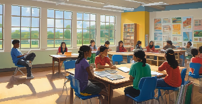 A vibrant classroom with diverse students collaborating at a table, surrounded by educational materials and natural light.