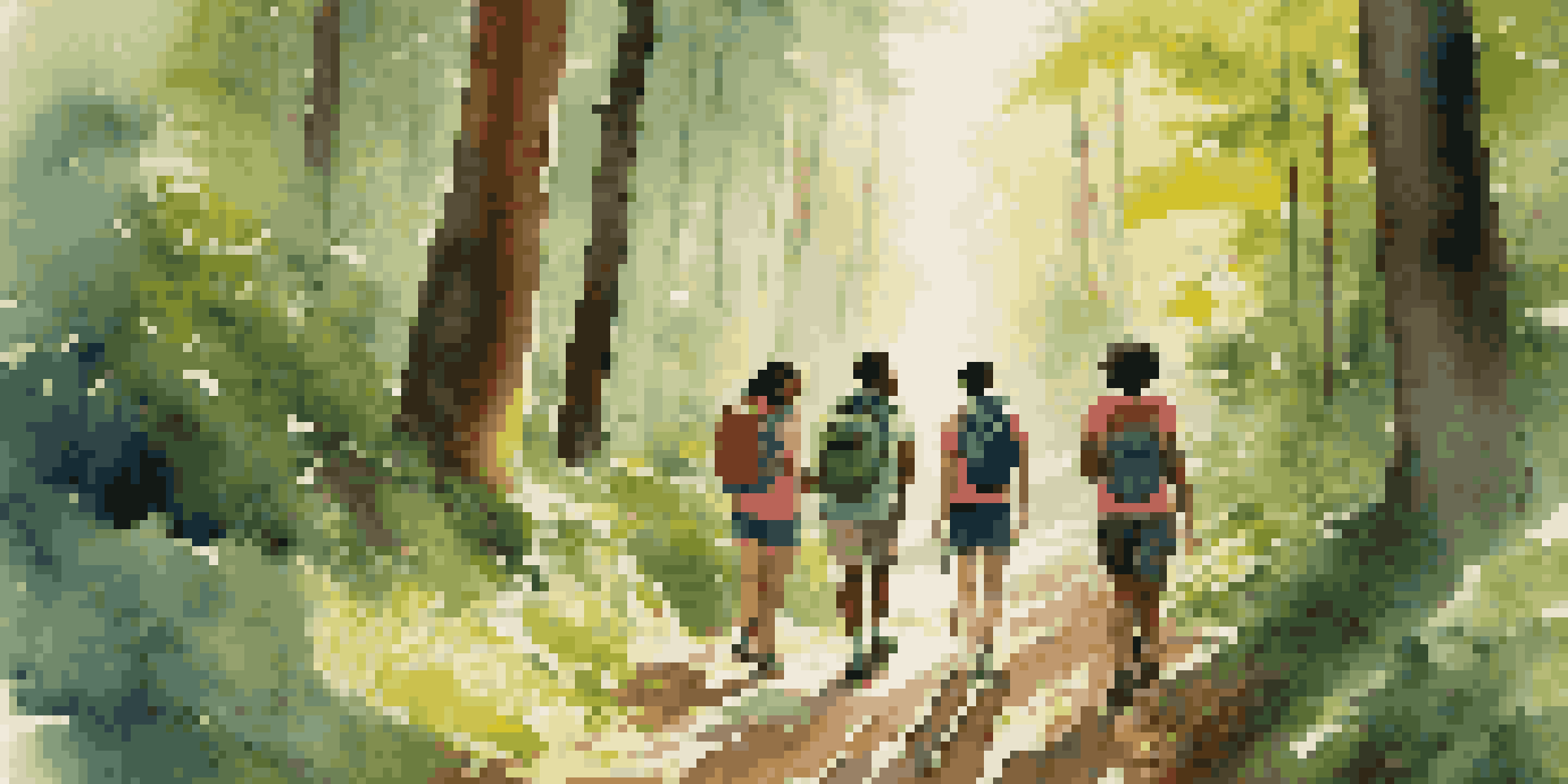 A group of diverse students hiking in a forest, sharing stories and enjoying nature.
