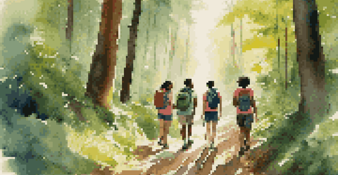 A group of diverse students hiking in a forest, sharing stories and enjoying nature.
