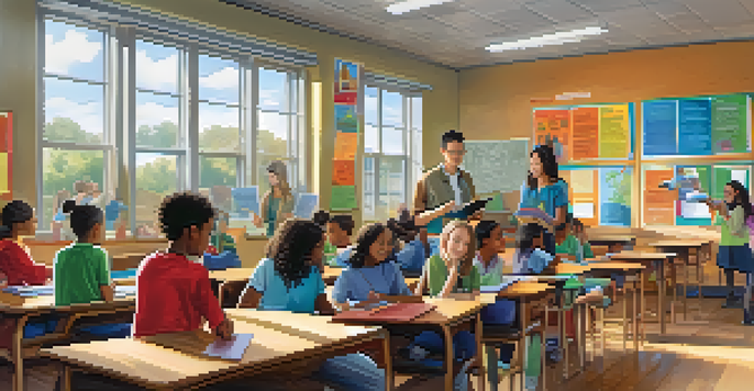 A lively classroom with diverse students engaged in learning, featuring a teacher guiding a small group and colorful educational materials.