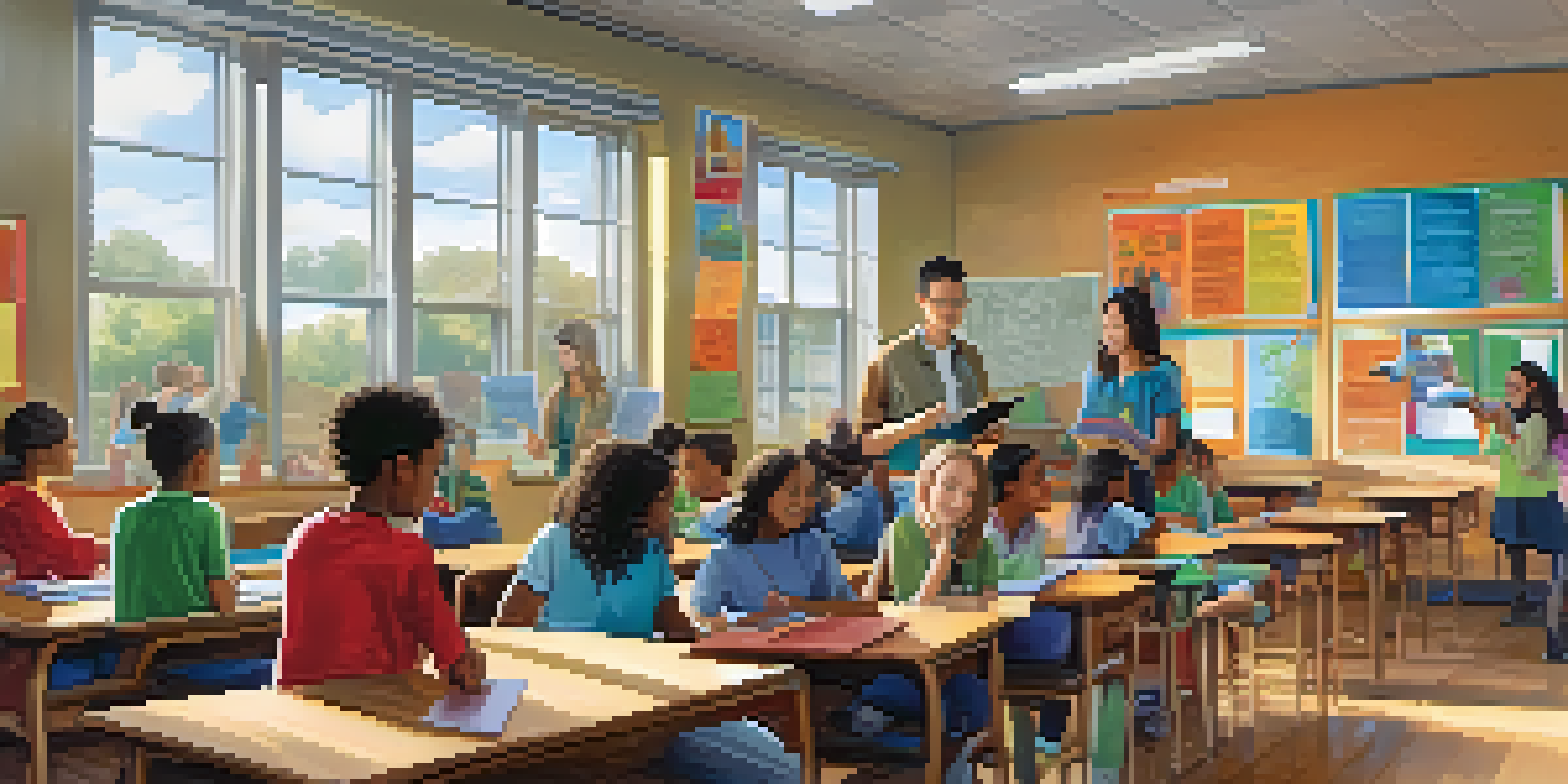 A lively classroom with diverse students engaged in learning, featuring a teacher guiding a small group and colorful educational materials.