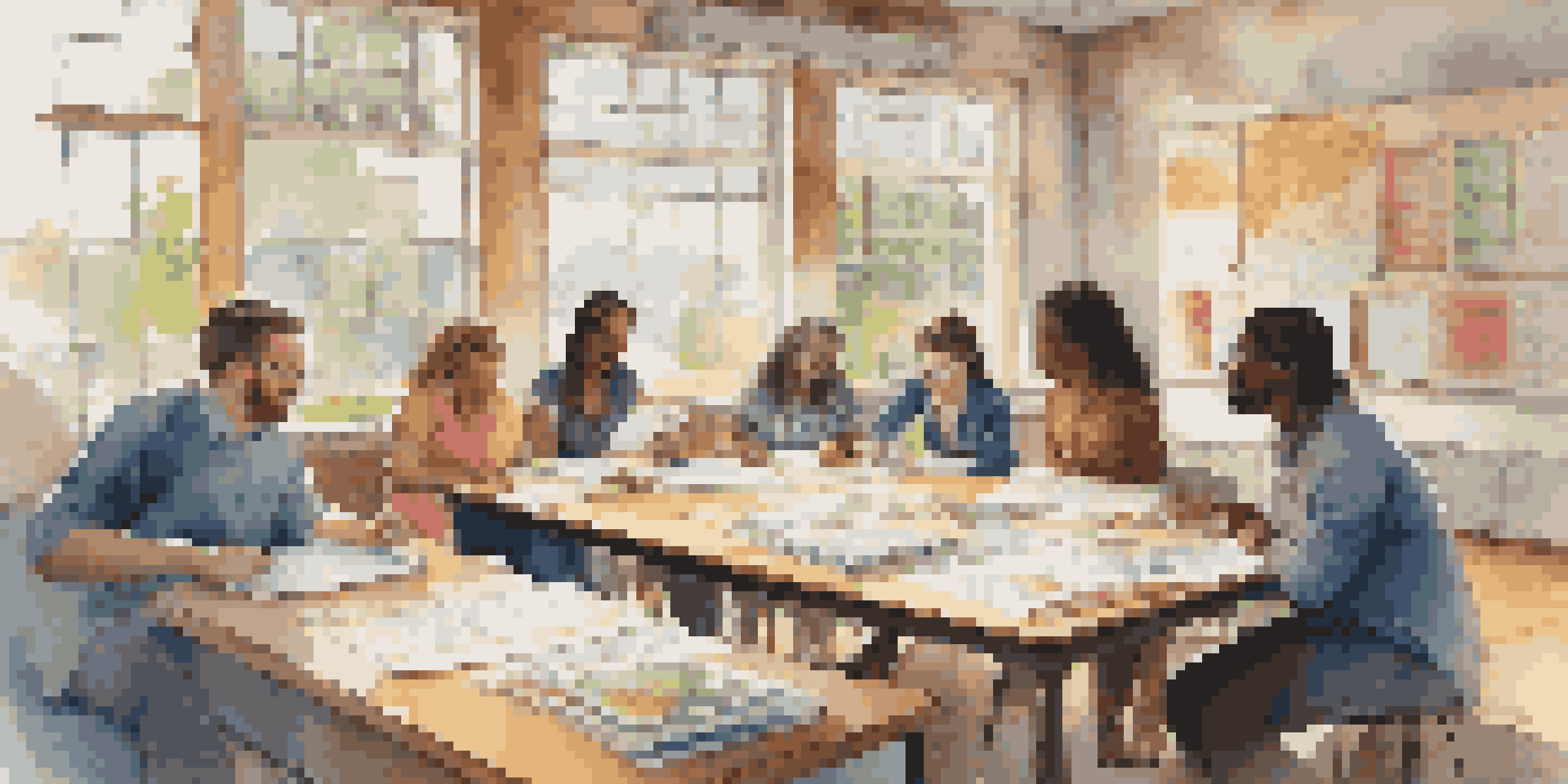 A diverse group of teachers collaborating at a table with charts and papers, illuminated by natural light.