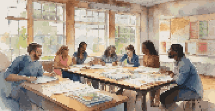 A diverse group of teachers collaborating at a table with charts and papers, illuminated by natural light.