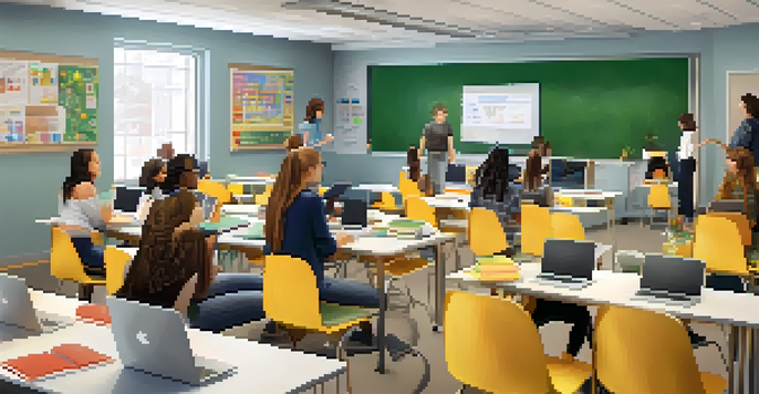 A vibrant classroom showcasing students using laptops for online learning while engaging in group discussions with a teacher.