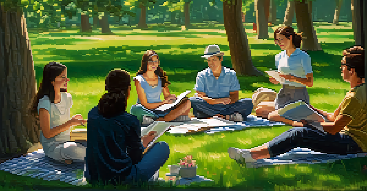 A group of adults enjoying a workshop outdoors, surrounded by nature and engaged in enthusiastic discussions.