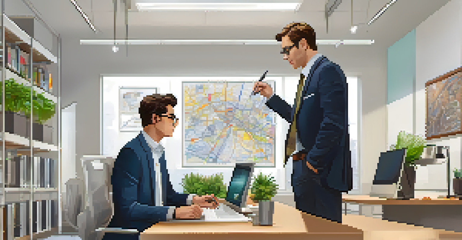 A mentor and a student in a modern office discussing a project, with the mentor pointing at a computer screen.