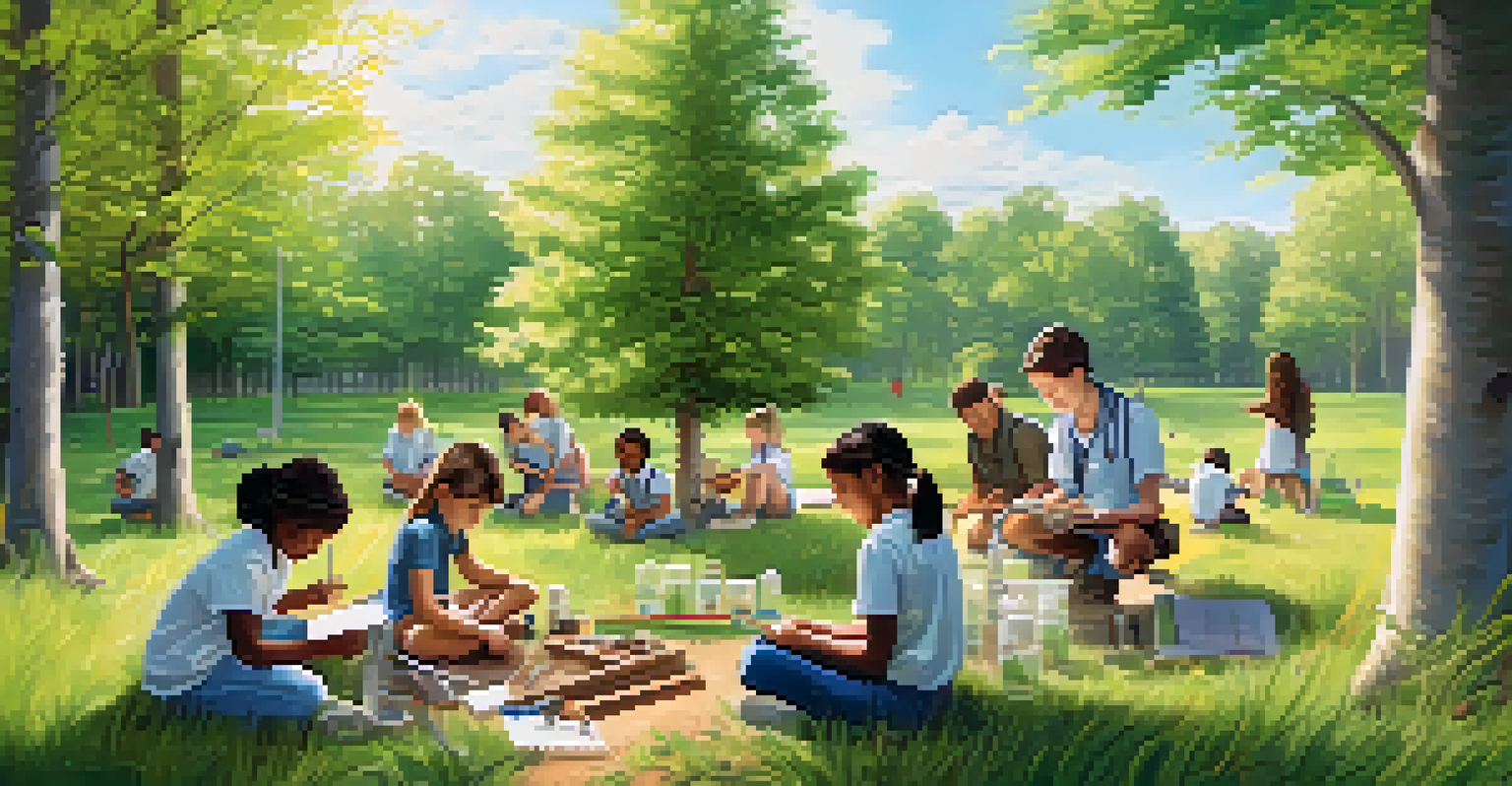 Students conducting a science experiment outdoors, surrounded by nature, with a focus on hands-on learning.