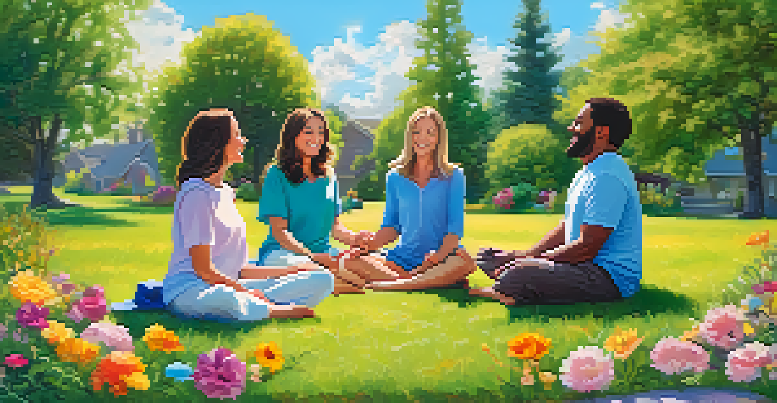 A family practicing mindfulness exercises in a sunny outdoor setting, surrounded by flowers.