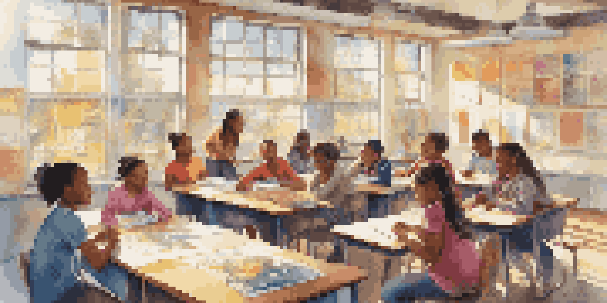 A bright classroom with diverse students collaborating enthusiastically at a round table, surrounded by educational posters and sunlight.