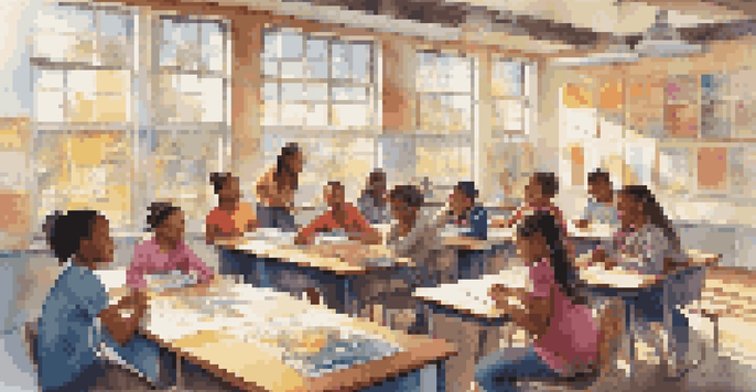 A bright classroom with diverse students collaborating enthusiastically at a round table, surrounded by educational posters and sunlight.