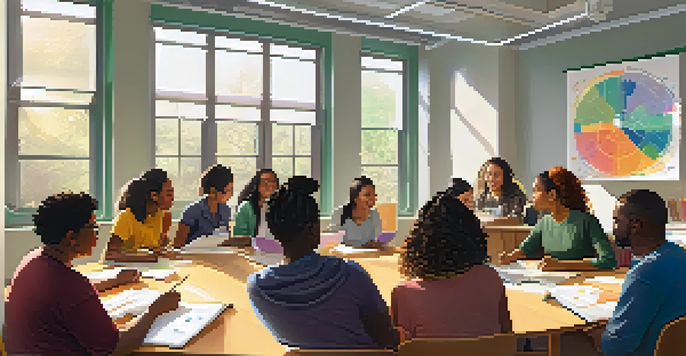 A diverse group of teachers collaborating in a brightly lit classroom during a professional development workshop.