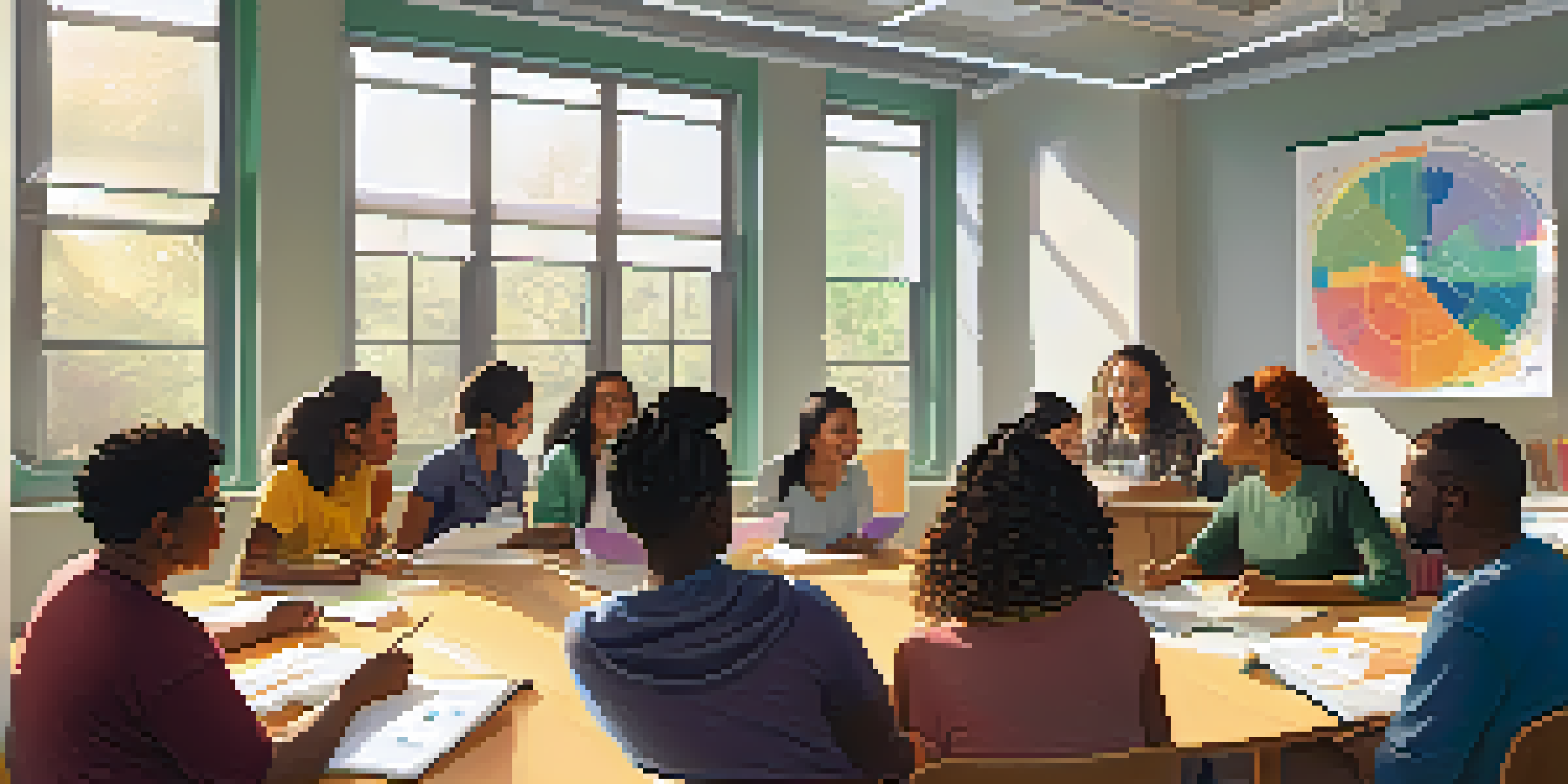 A diverse group of teachers collaborating in a brightly lit classroom during a professional development workshop.