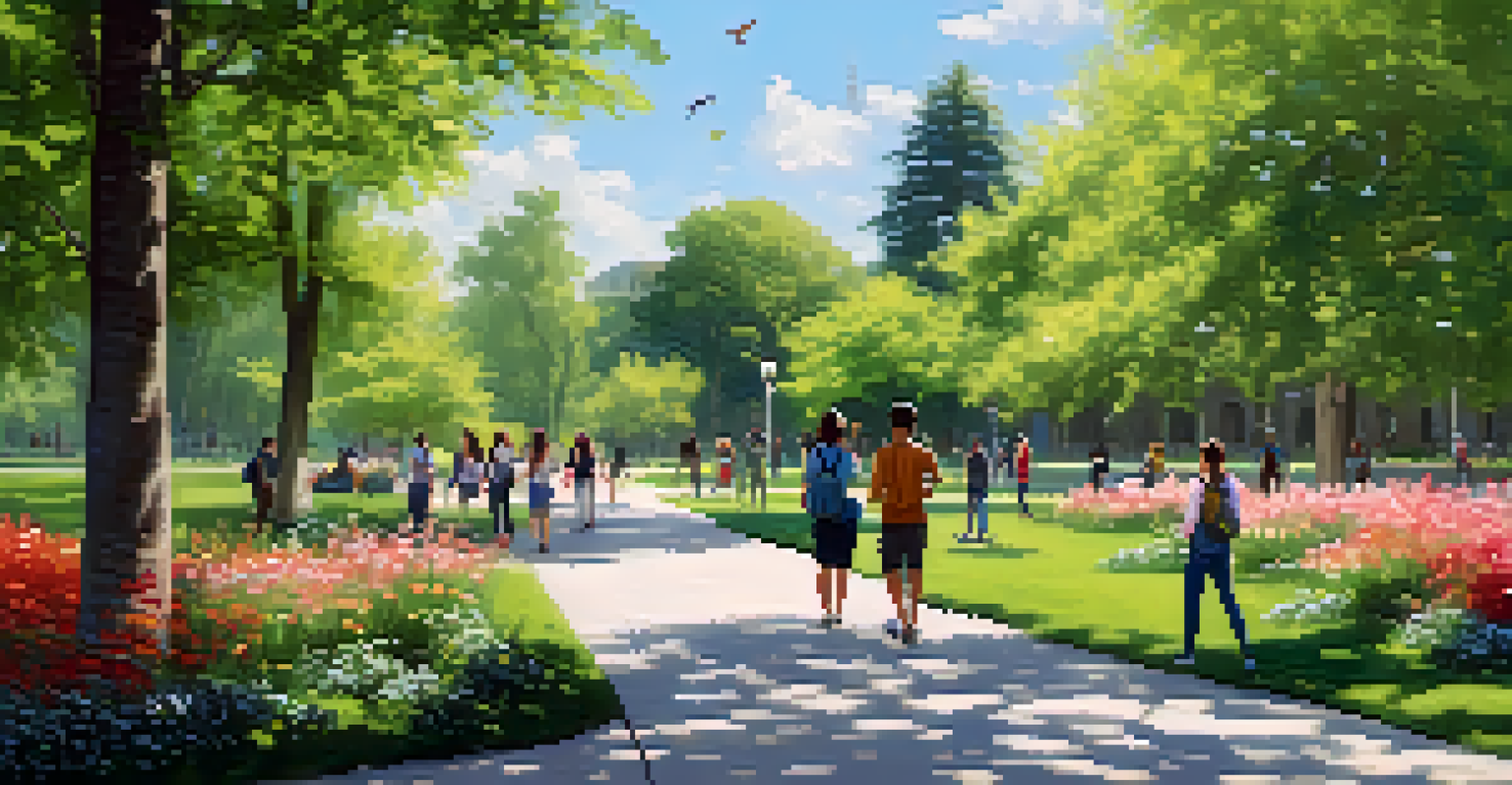 Students walking in a green park during a nature break, laughing and enjoying the sunny day surrounded by trees and blooming flowers.