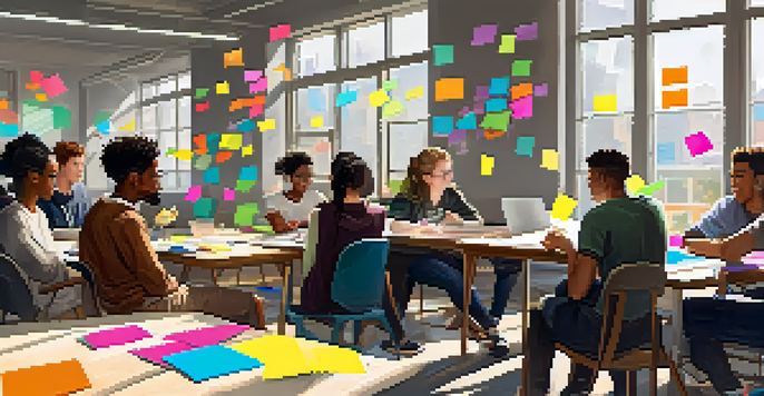 A group of diverse students collaborating on peer feedback at a table, reviewing work on laptops with sticky notes around them.