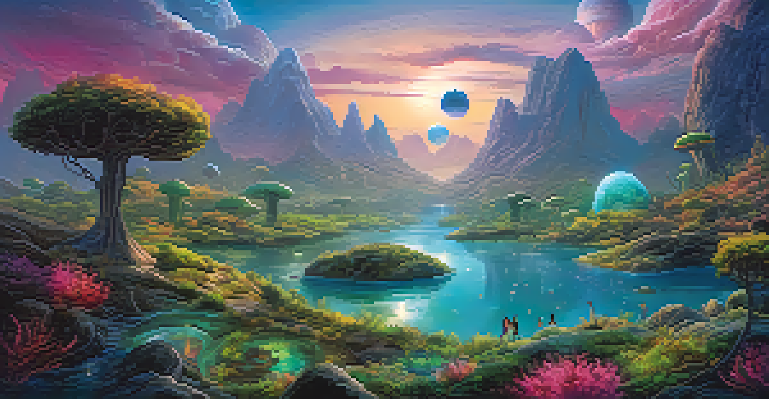 A colorful fictional planet landscape with alien vegetation and whimsical creatures, depicting students exploring a gamified learning environment.
