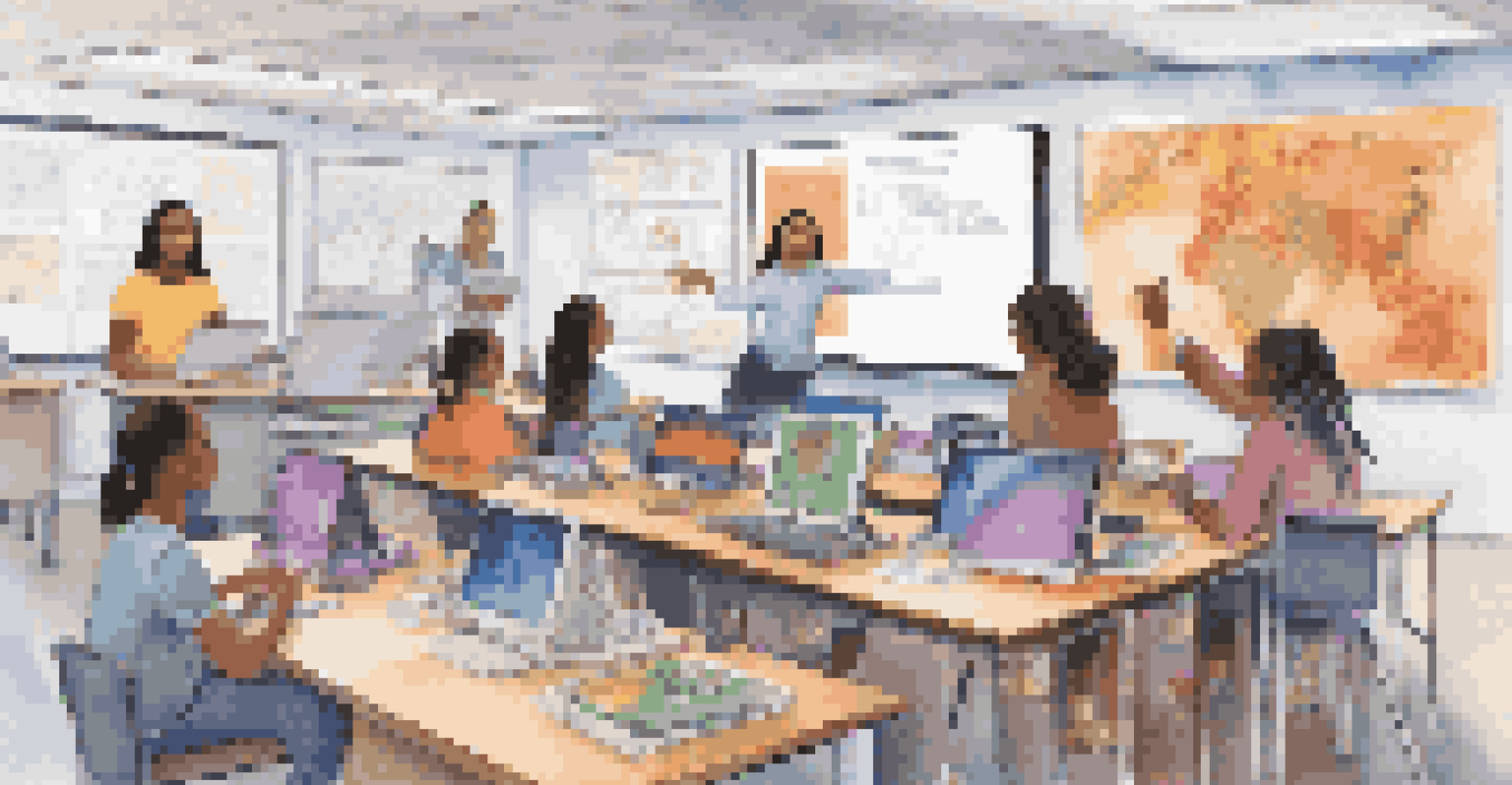 A diverse group of students participating in a virtual classroom setting, with colorful cultural backgrounds.