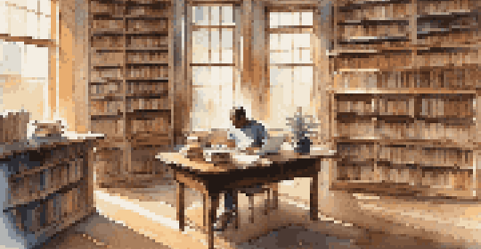 A person reading in a cozy library, surrounded by books, a laptop, and coffee, with warm light streaming in.