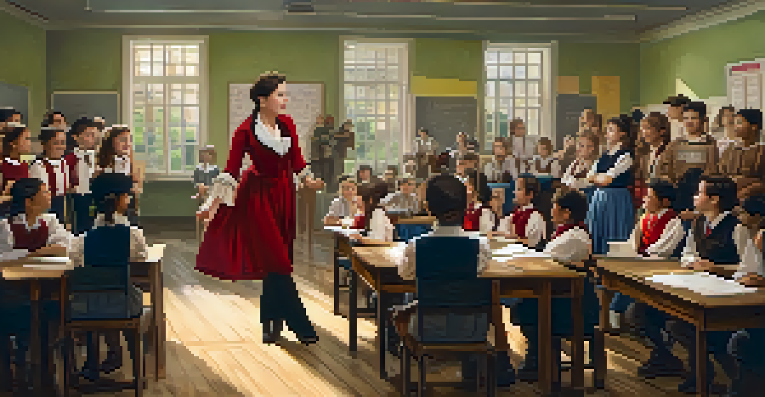 Students participating in a drama class, role-playing as historical figures, with costumes and props around them.