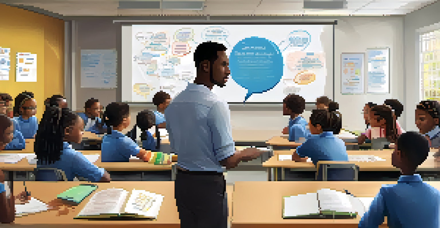 An educator teaching students about emotional intelligence in a modern classroom filled with digital tools and motivational quotes.