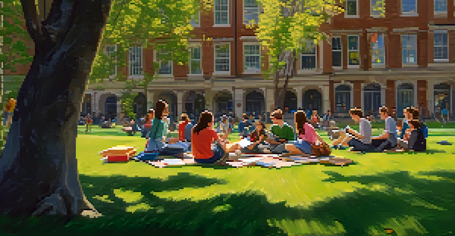 A mentor engaging with students in an outdoor study group on a university campus, surrounded by nature.