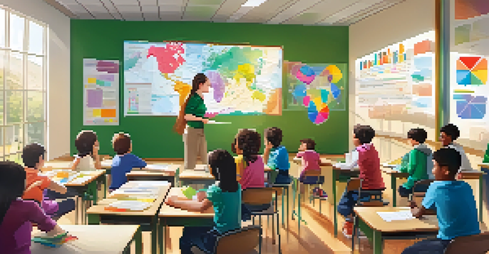 A bright classroom with students actively participating in visual learning activities, surrounded by colorful educational materials and a teacher presenting.