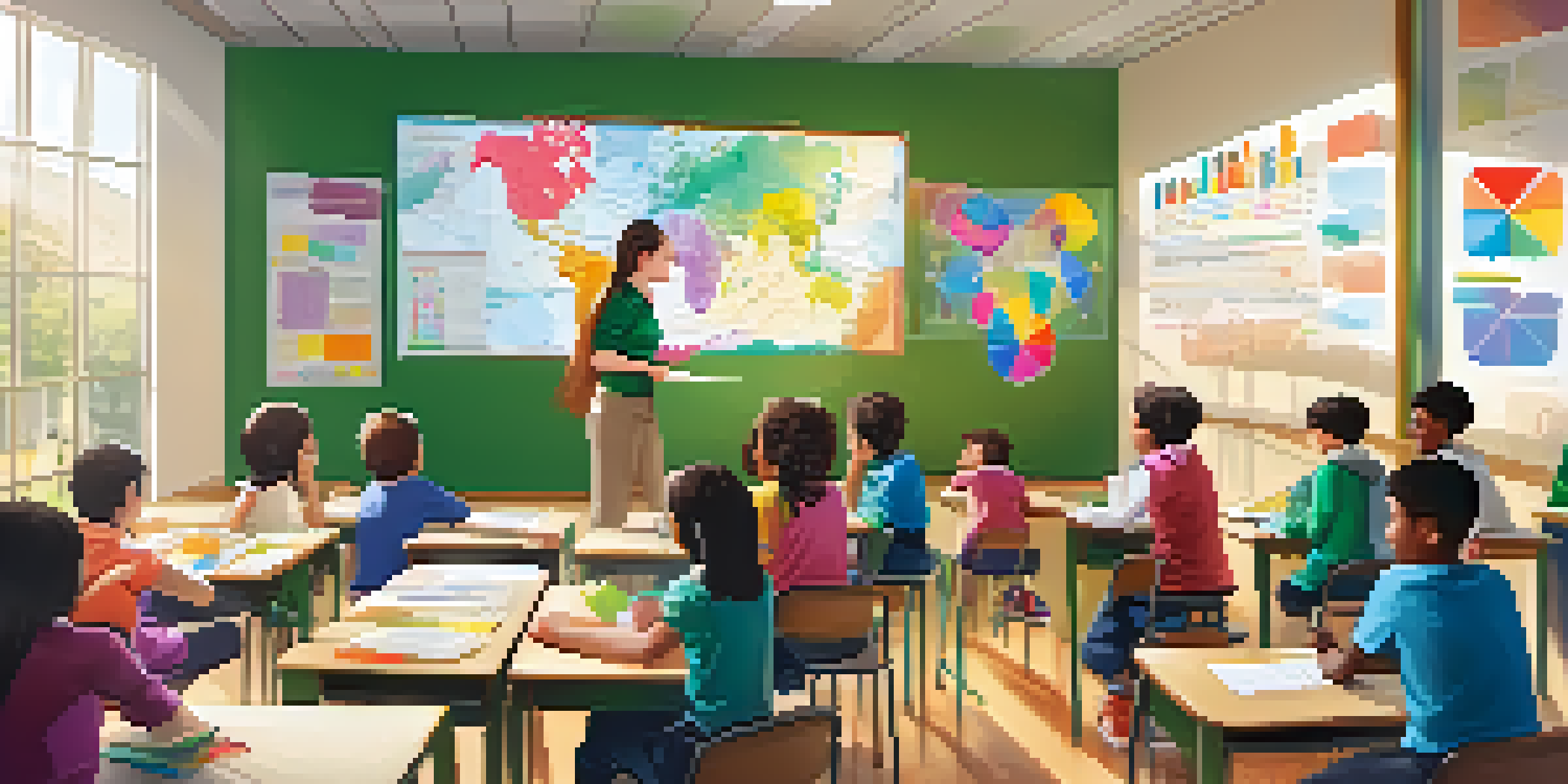 A bright classroom with students actively participating in visual learning activities, surrounded by colorful educational materials and a teacher presenting.