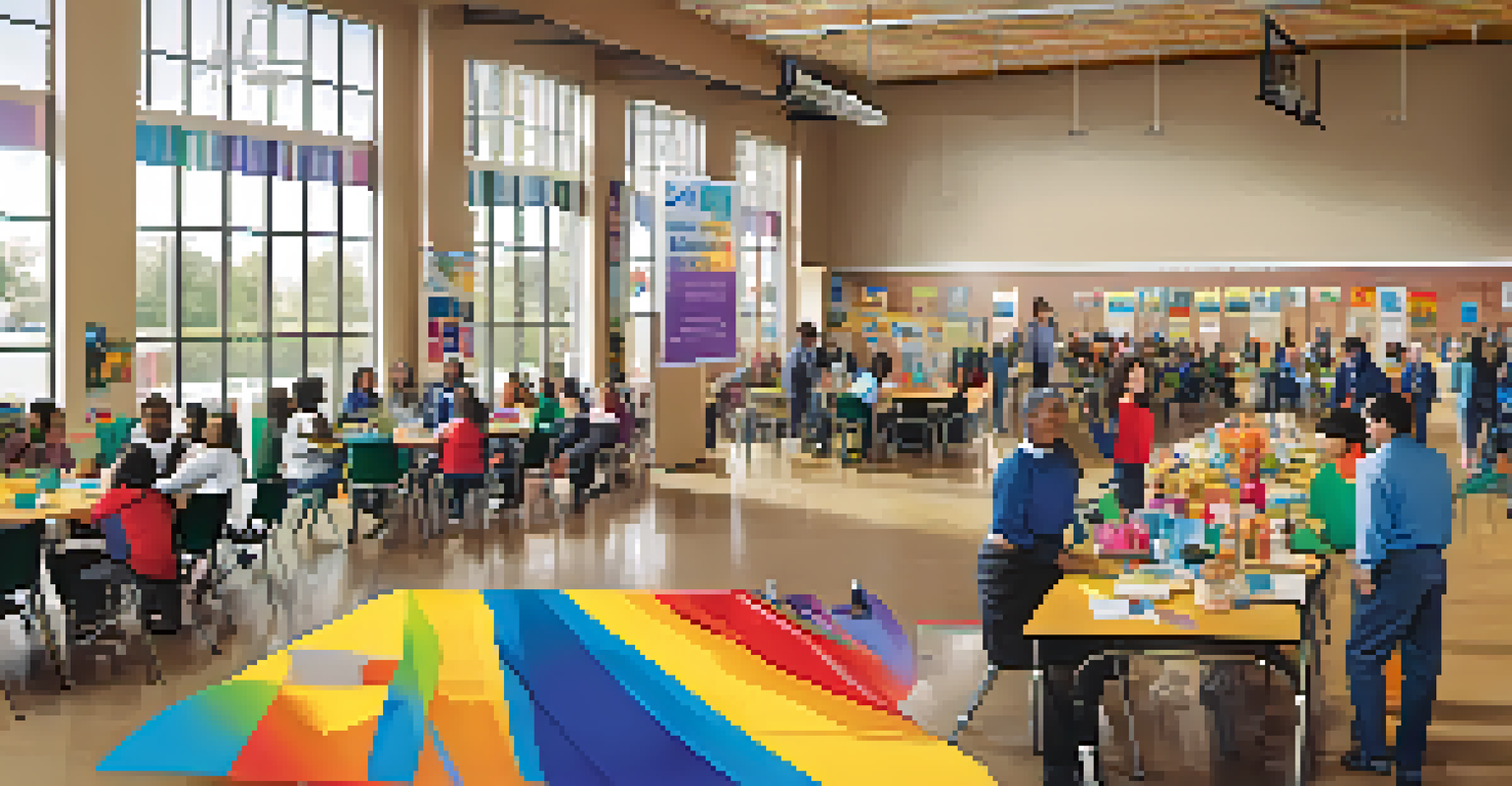 A school gymnasium filled with community members and students discussing educational resources and equity programs.