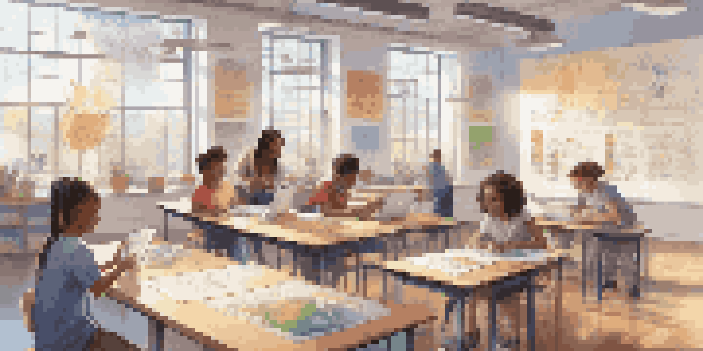 A diverse group of students working together on a STEAM project in a bright classroom with colorful educational materials.
