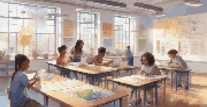 A diverse group of students working together on a STEAM project in a bright classroom with colorful educational materials.