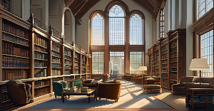 A cozy library with tall bookshelves and warm lighting, ideal for reading and research.