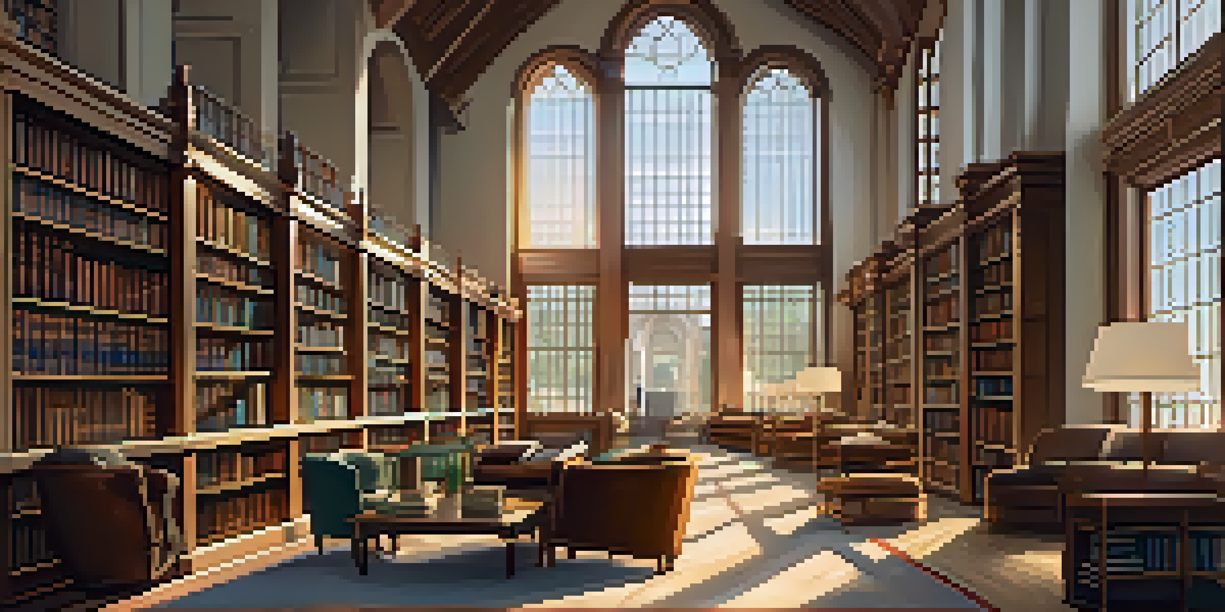 A cozy library with tall bookshelves and warm lighting, ideal for reading and research.