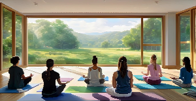 A calm classroom with students practicing mindfulness meditation on yoga mats, led by a teacher, surrounded by natural light and greenery outside.