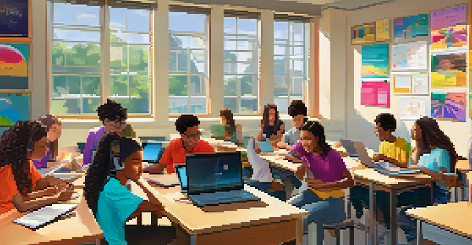 A diverse group of students participating in an online learning session, showcasing collaboration and engagement with technology in a bright classroom.