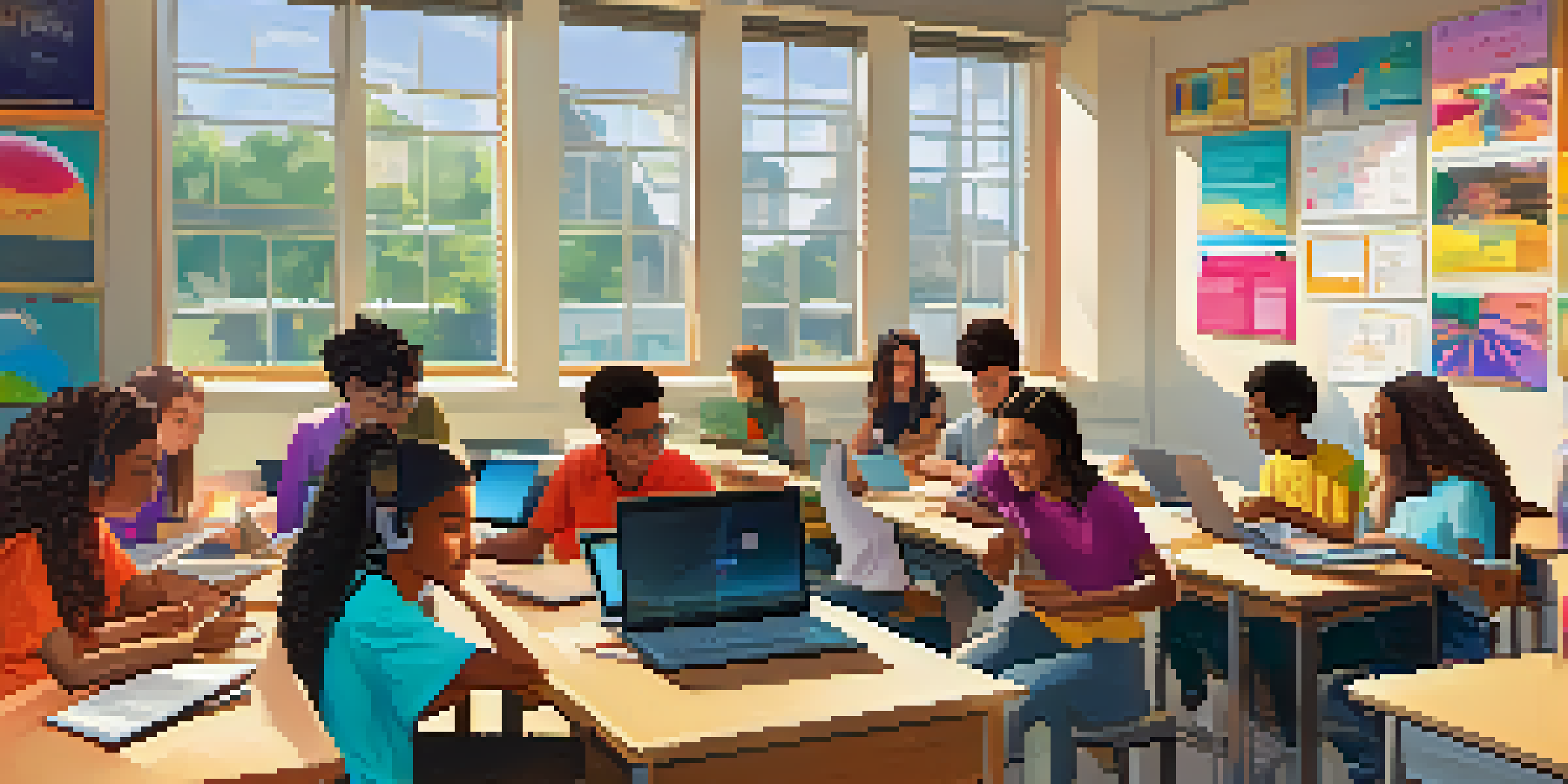 A diverse group of students participating in an online learning session, showcasing collaboration and engagement with technology in a bright classroom.