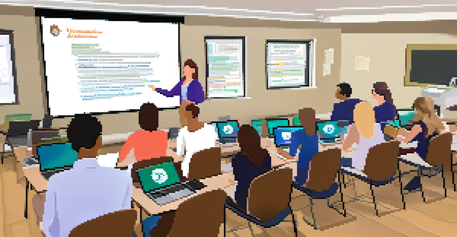 Teachers in a workshop setting learning about digital assessment tools, with laptops and presentation materials around them.