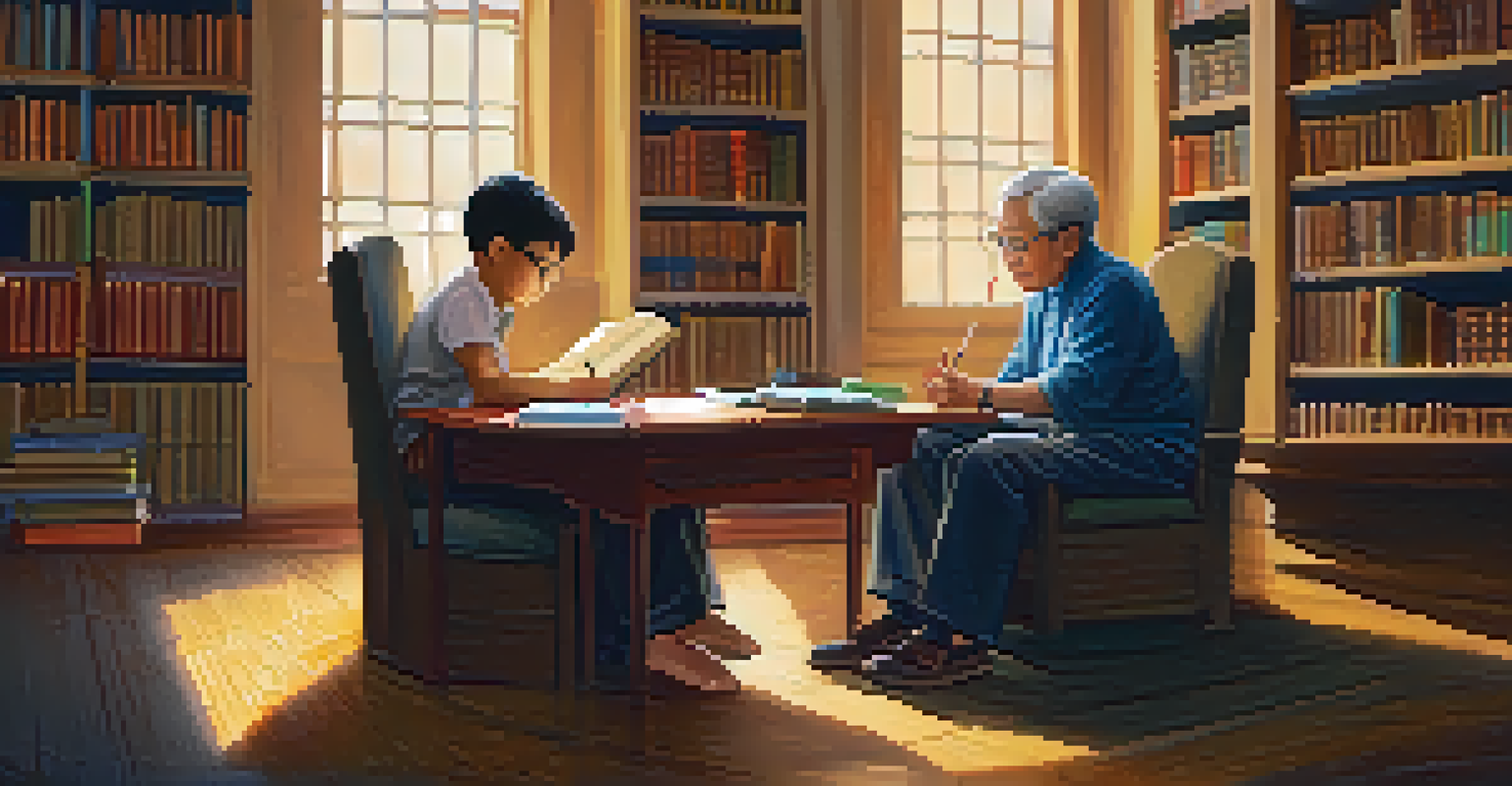A mentor and a young student engaged in a discussion in a cozy library, surrounded by books.