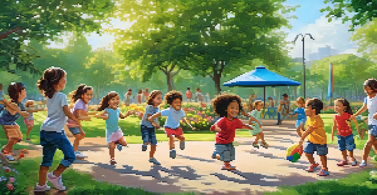 Children playing cooperatively in a sunny park, surrounded by greenery and flowers, displaying joy and friendship.