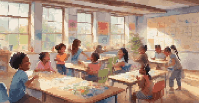 A lively classroom filled with children happily participating in collaborative learning activities, surrounded by colorful educational materials and natural sunlight.